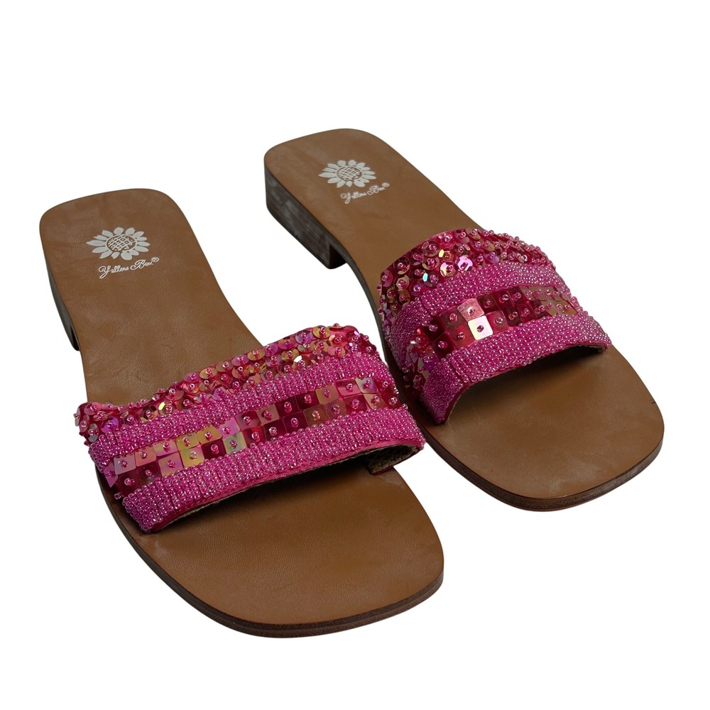 Yellow Box Naples Pink Beaded Sequin Embellished Square Toe Slide Sandals size 9